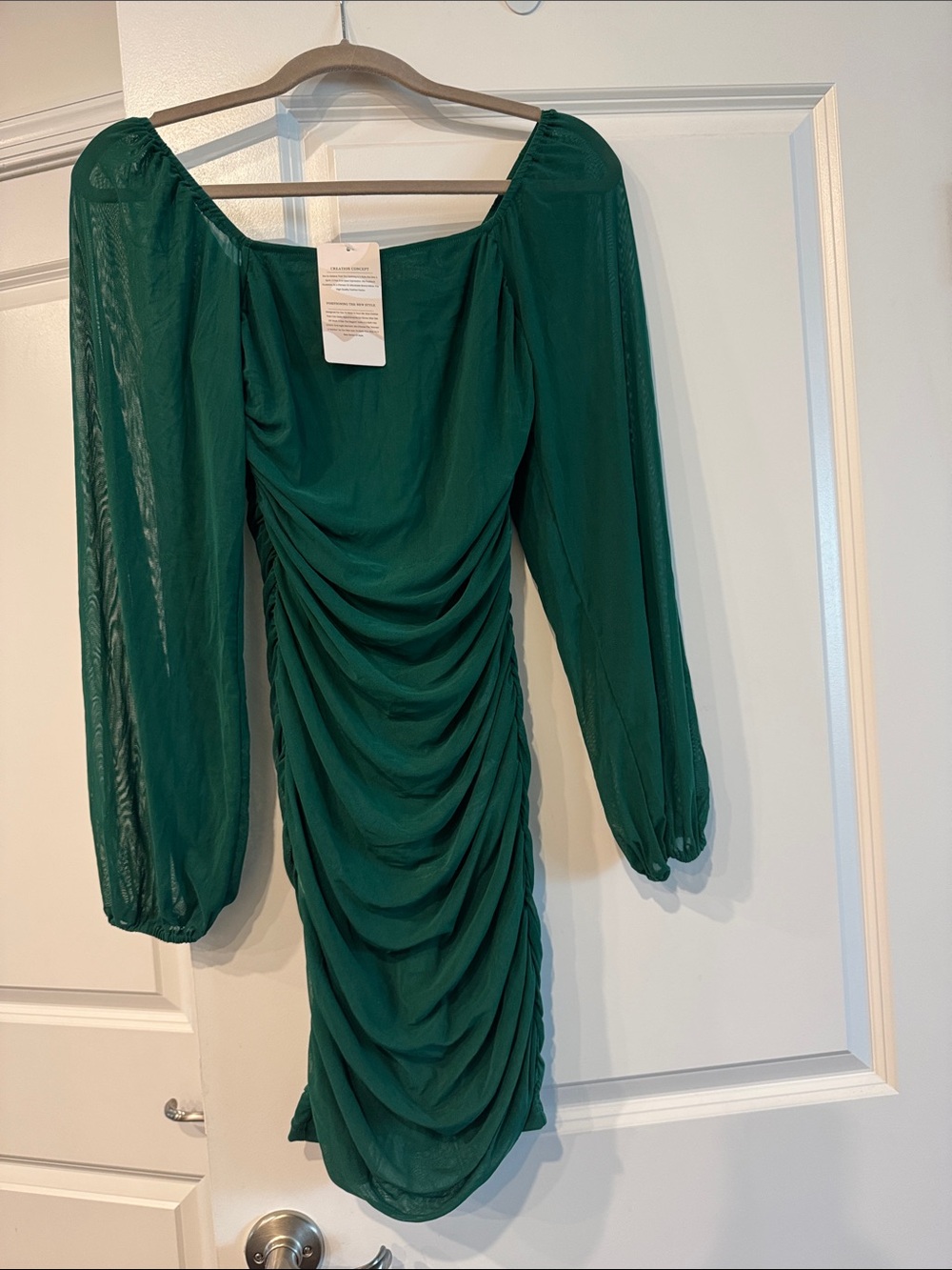 Fashion  Emerald Green Ruched Long-Sleeve Mini Dress